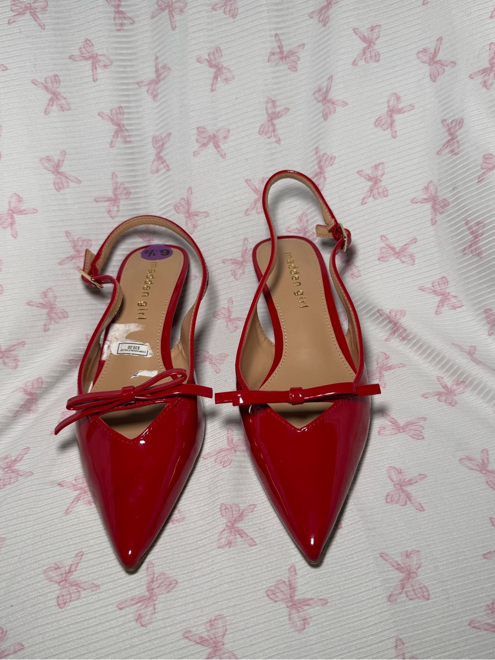 Madden Girl Red Patent Pointed Toe Slingback Flats with Bow